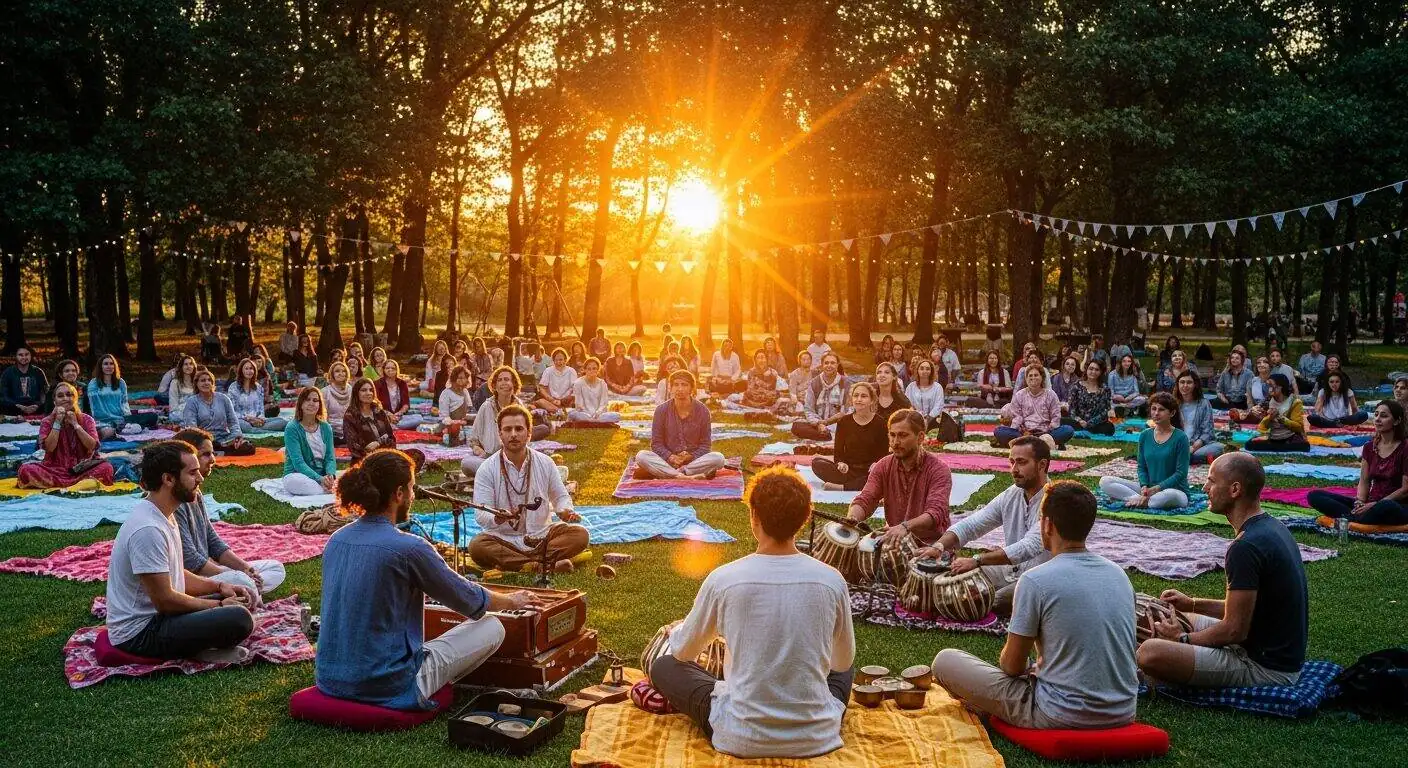 Golden-hour outdoor Kirtan gathering